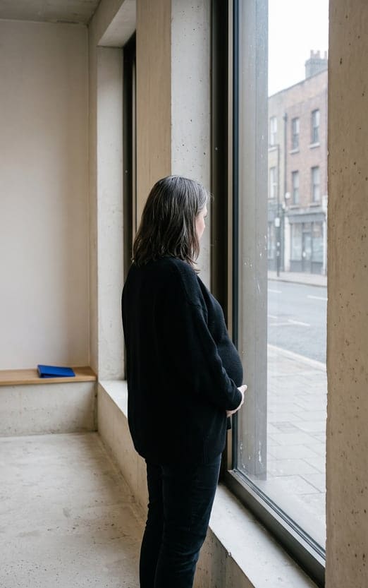 Una mujer embarazada mira a la calle desde la ventana de la sala de espera