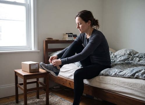 Una mujer se ata las zapatillas al borde de la cama