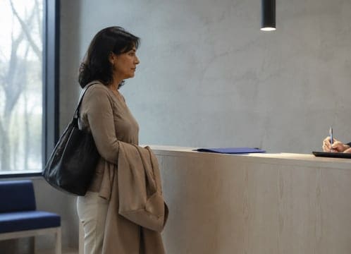 Una paciente espera de pie junto al mostrador de la clínica